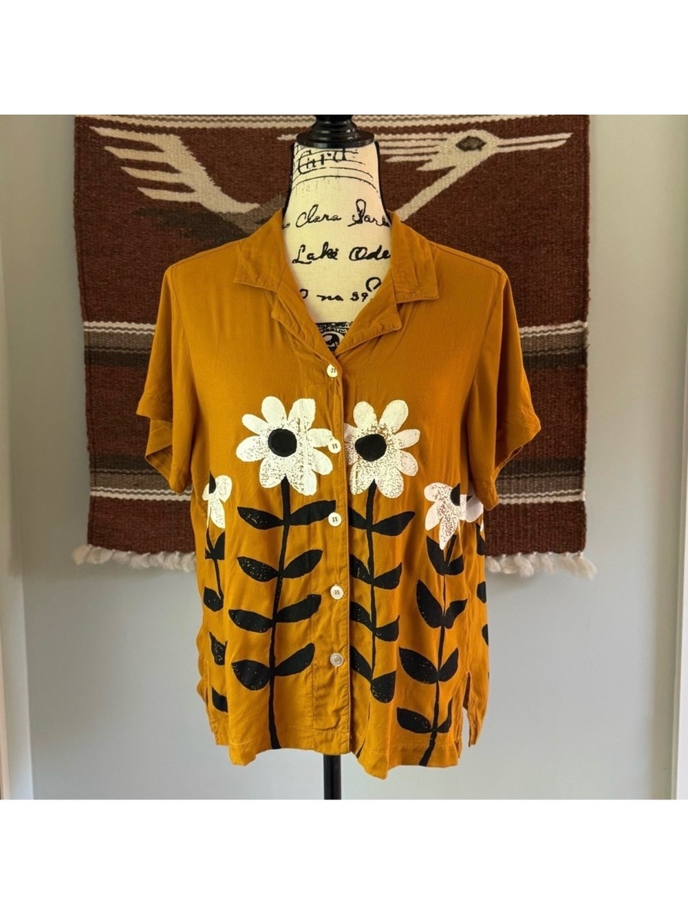 Big Bud Press Button-Up Shirt with Floral Print in Mustard Sz 4XL - Hand Painted